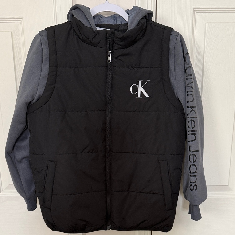 Calvin Klein Boys' Black and Gray Hooded Hybrid Jacket